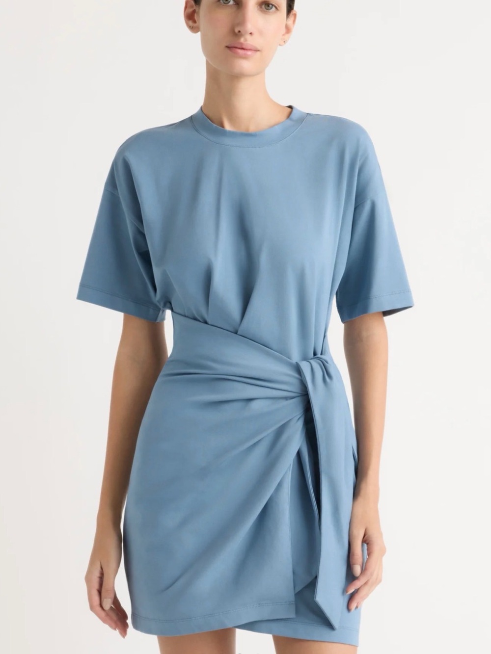 Women’s Short-Sleeve Knot-Waist Dress in Dusty Blue